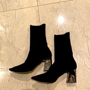 Zara sock booties with glossy metallic heel